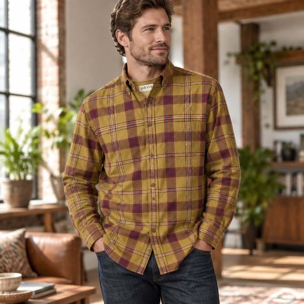 Orvis Plaid Long Sleeve Button Down Shirt Yellow Red Cotton